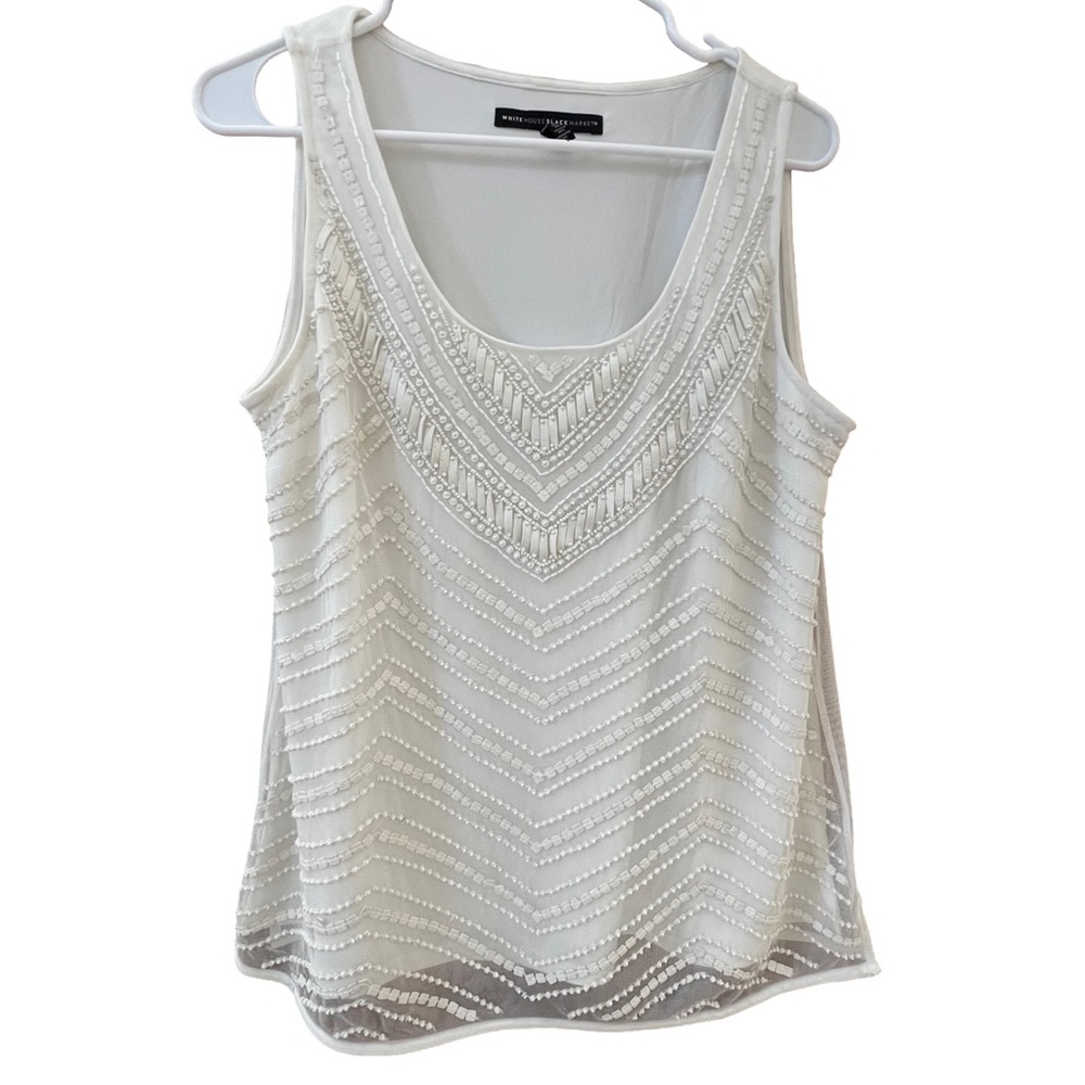 White House Black Market EUC Mesh Lined Tank Top Bead/Leather Design size large